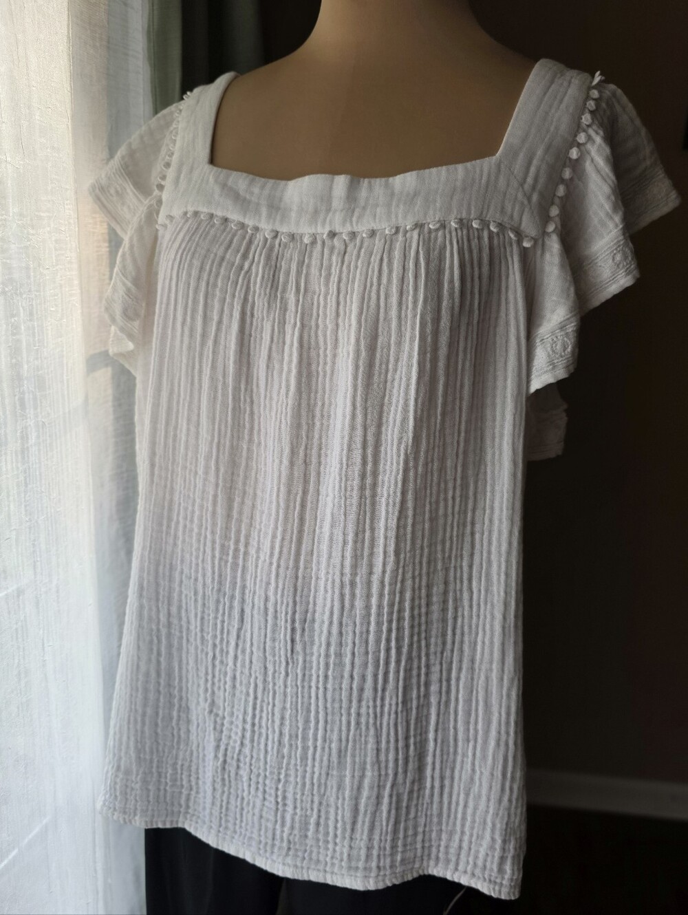 BeachLunchLounge White Cotton Gauze Square Neck Pom Trim Flutter Sleeve Blouse
